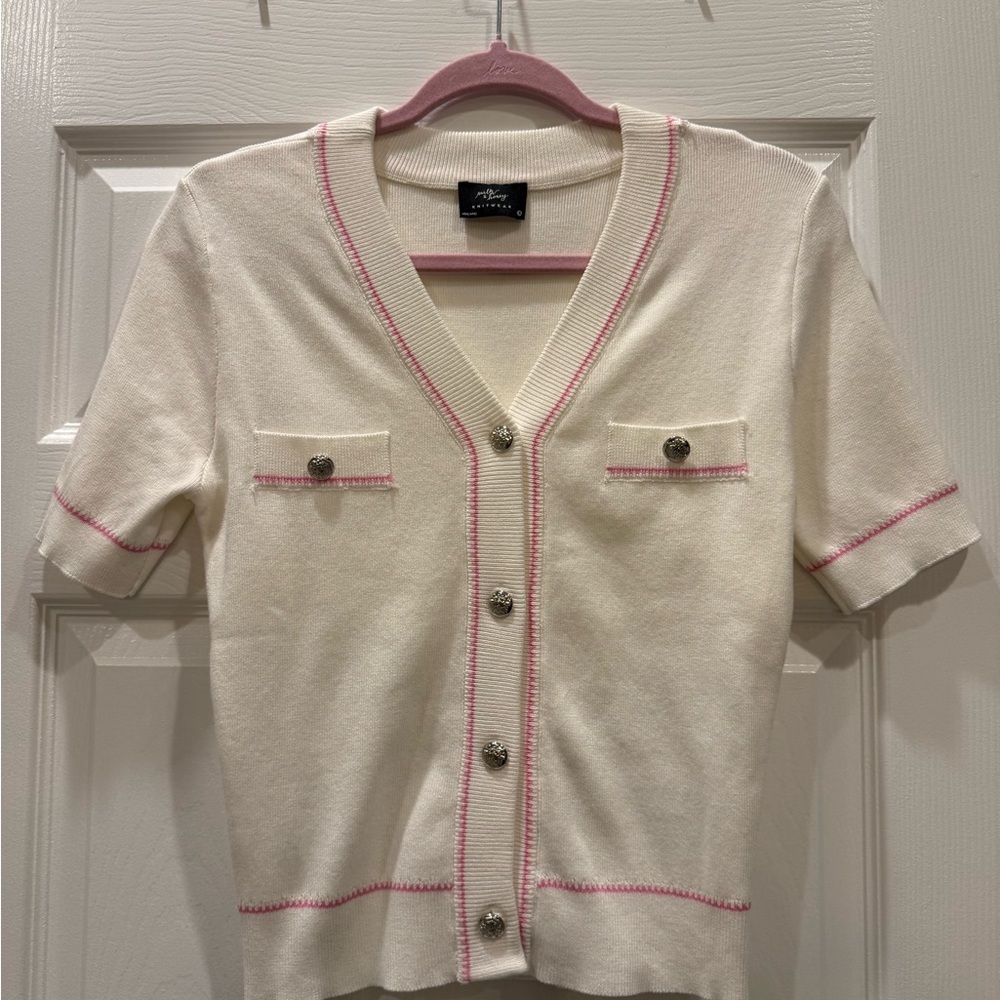 White Cardigan with Pink Trim